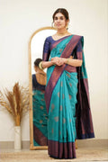 DEIANA'S Beautiful Designer Golden zari Soft Lichi Silk Saree - Sky