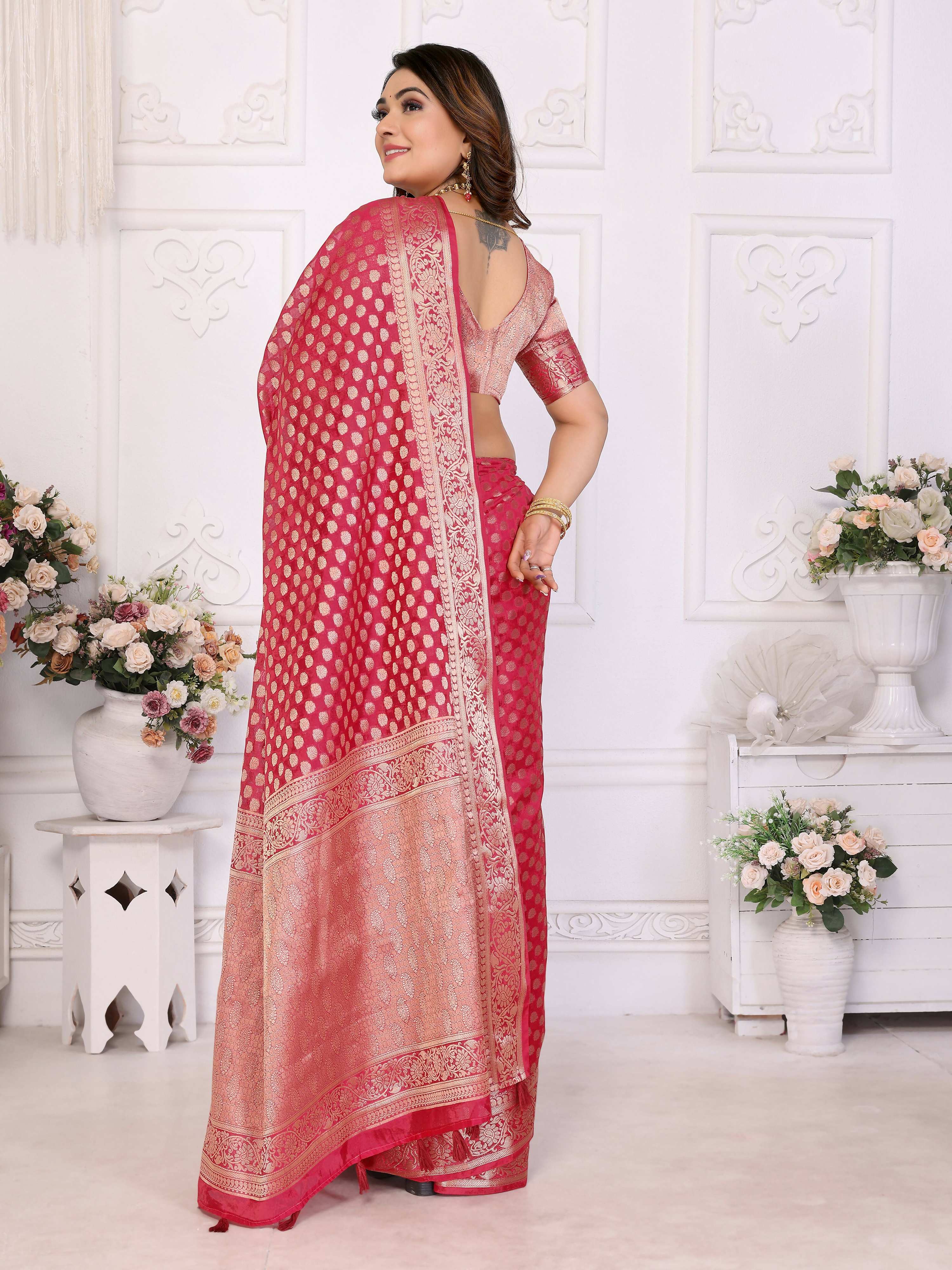 Aastha Fashion Magenta Organza Silk Weaving Saree - Distacart