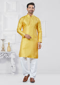 Joban Fashion Men's Jacquard Silk Yellow Printed Kurta Pyjama set