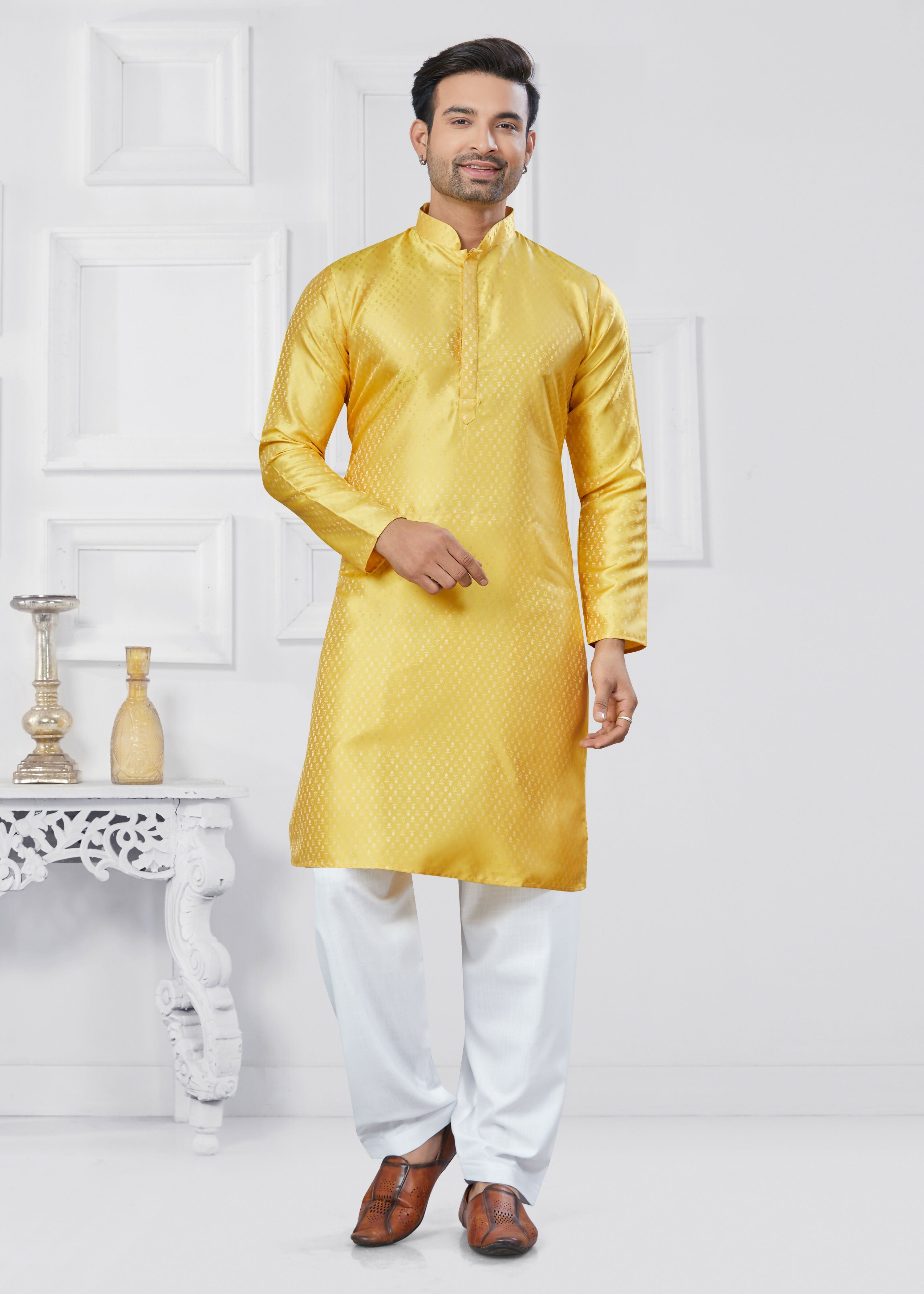 Joban Fashion Men's Jacquard Silk Yellow Printed Kurta Pyjama set