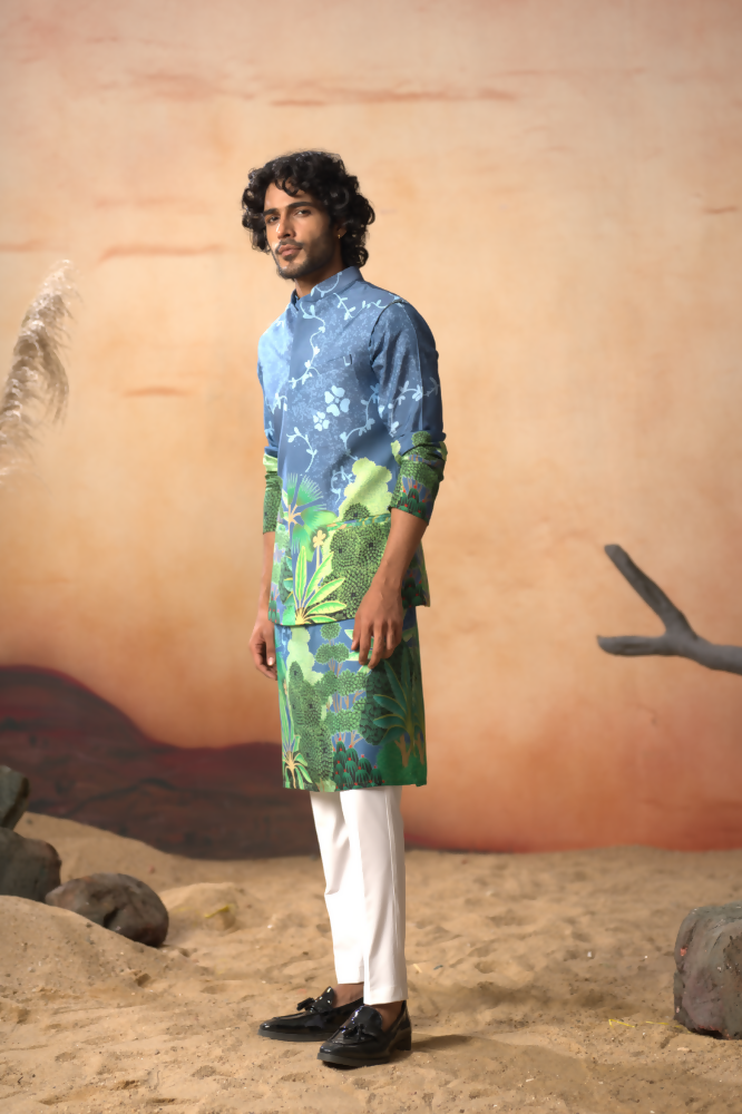 Tree Bark Classy Print Silk Nehrujacket Set by Hilo Design