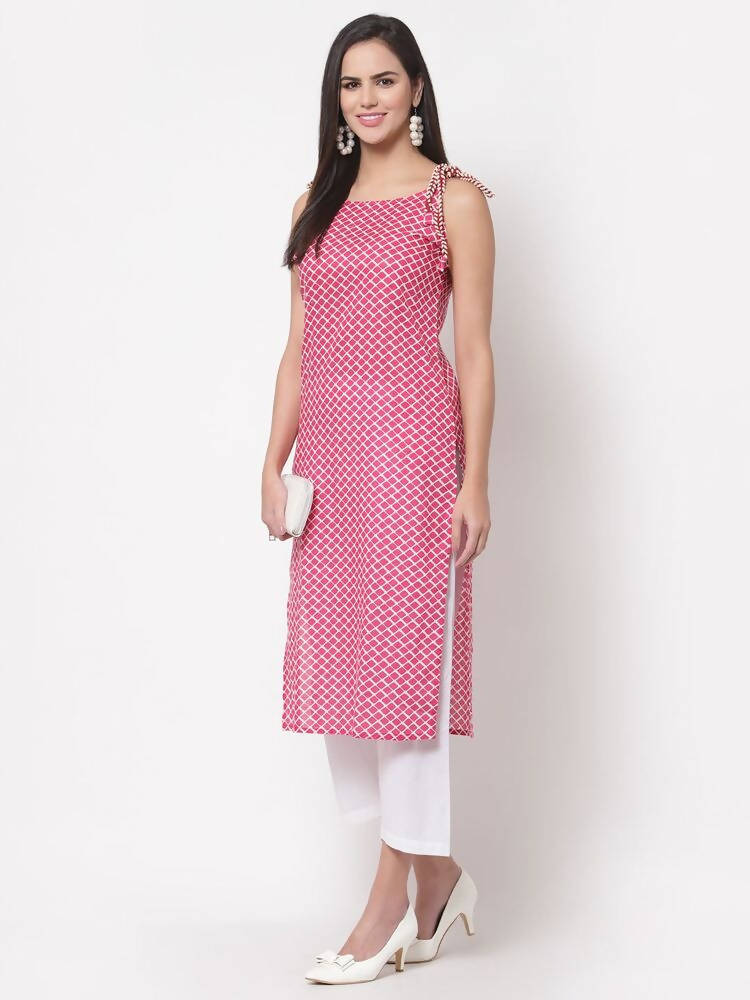 Myshka Women's Pink Printed Sleeveless Cotton Round Neck Dress