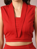 Myshka Women's Red Solid Shawl Neck Party Top With Skirt Co-ord set