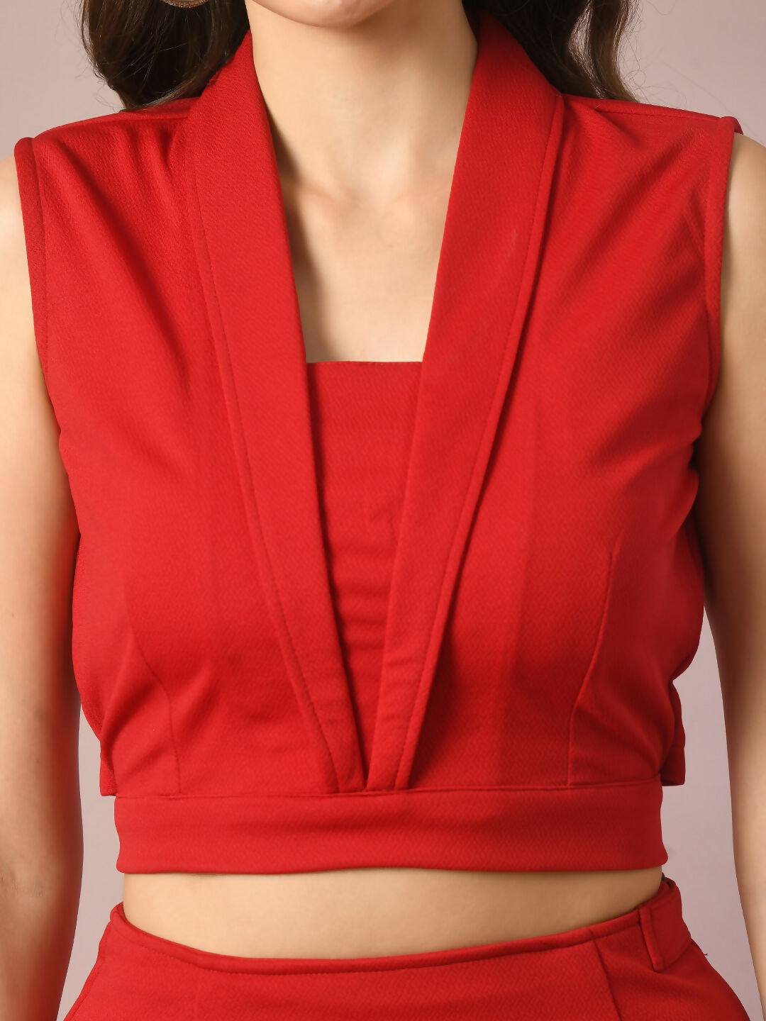 Myshka Women's Red Solid Shawl Neck Party Top With Skirt Co-ord set