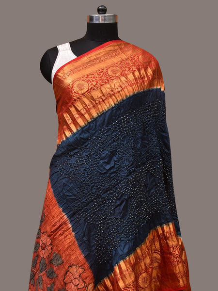 Navy and Red Bandhani Kanchipuram Silk Handloom Dupatta with Kalamkari Design - Global Threads