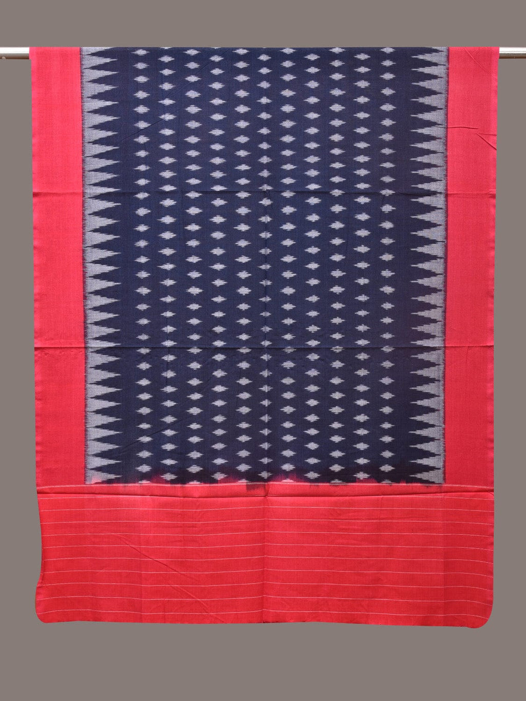 Navy and Red Pochamaplly Ikat Cotton Handloom Dupatta with Temple Border Design - Global Threads