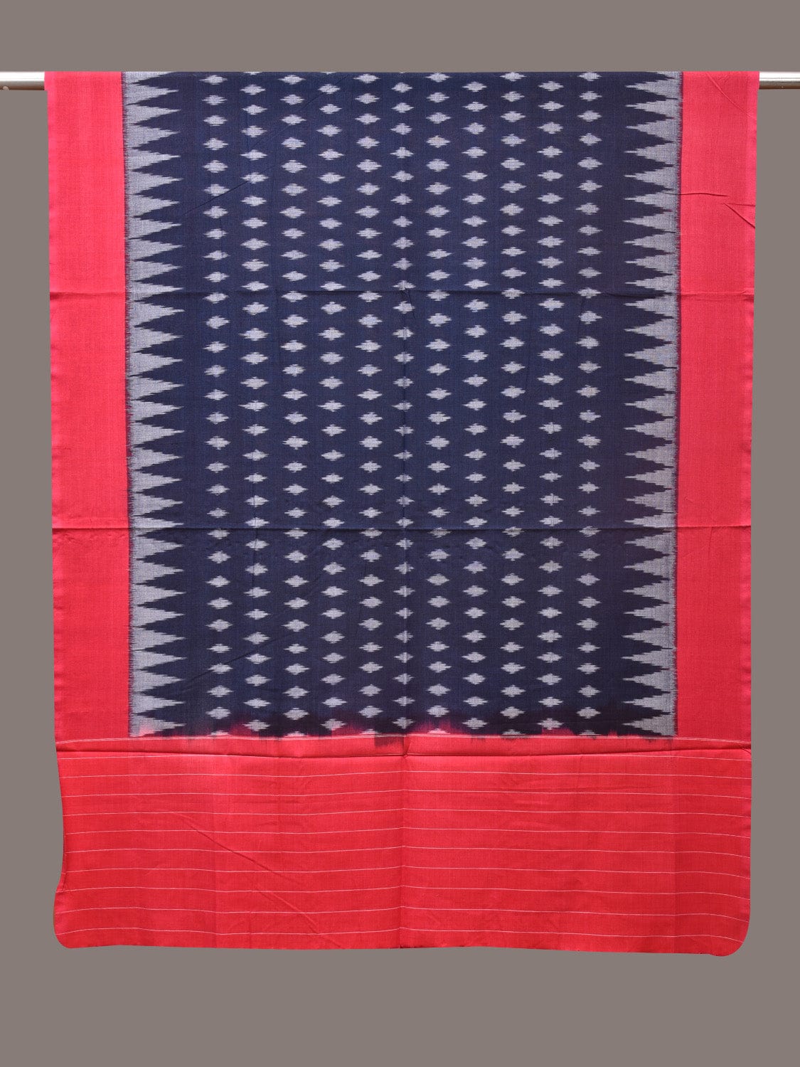 Navy and Red Pochamaplly Ikat Cotton Handloom Dupatta with Temple Border Design - Global Threads