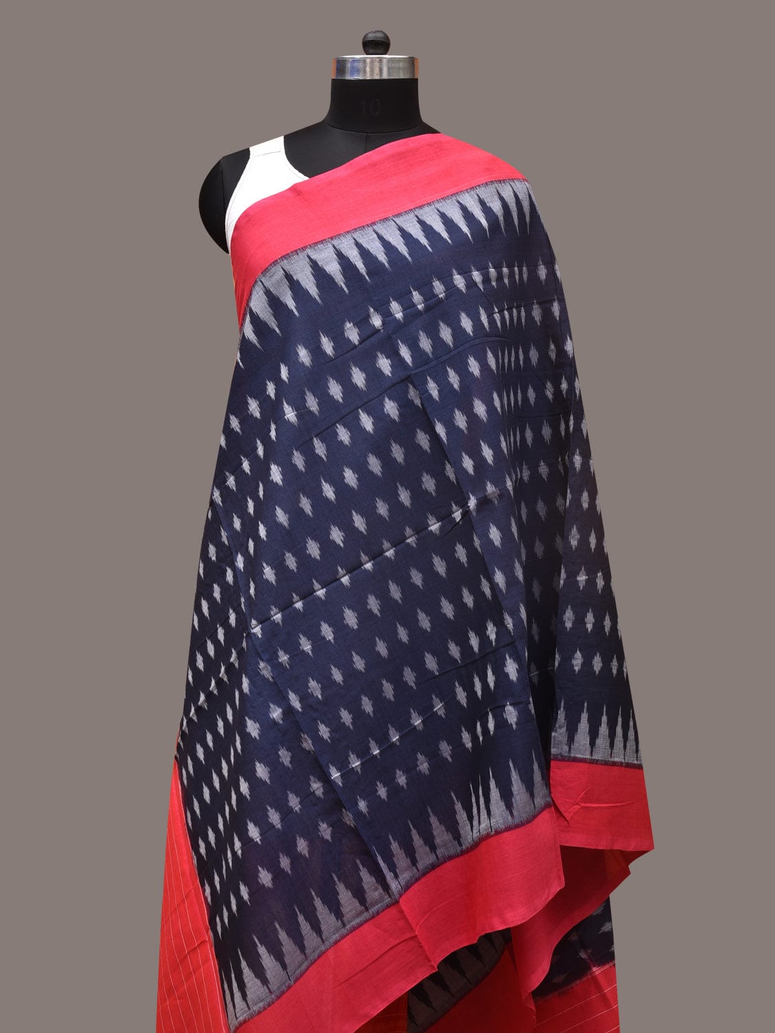 Navy and Red Pochamaplly Ikat Cotton Handloom Dupatta with Temple Border Design - Global Threads