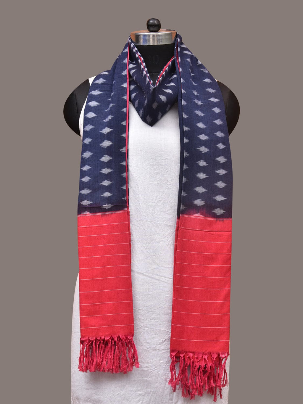 Navy and Red Pochamaplly Ikat Cotton Handloom Dupatta with Temple Border Design - Global Threads