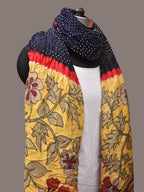 Navy Bandhani Kanchipuram Silk Handloom Dupatta with Kalamkari Design - Global Threads
