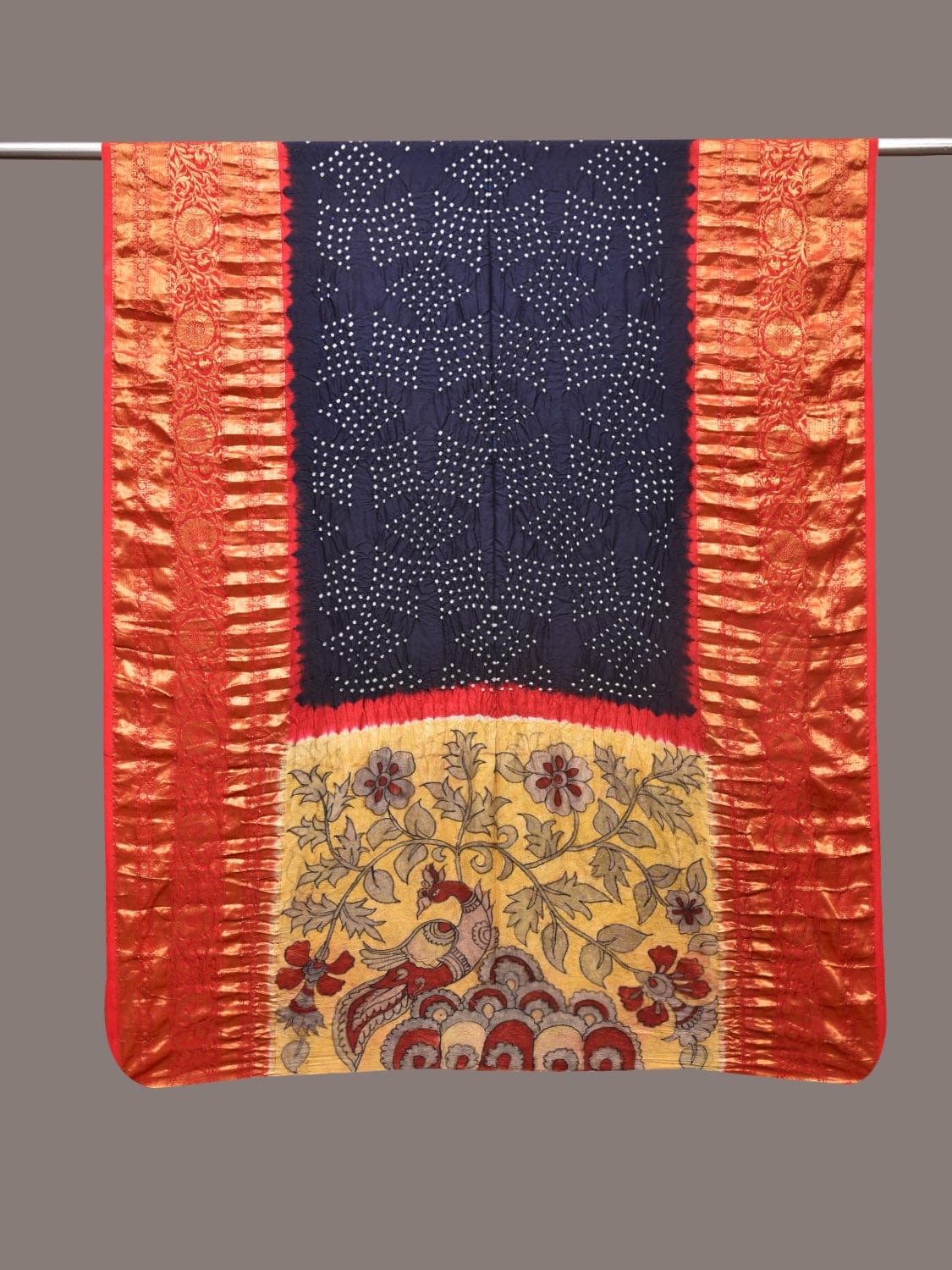 Navy Bandhani Kanchipuram Silk Handloom Dupatta with Kalamkari Design - Global Threads
