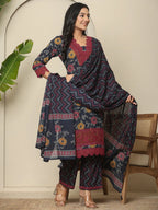 Yufta Navy Blue Cotton Kurta Dupatta Set With Lace Detailing