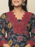 Yufta Navy Blue Cotton Kurta Dupatta Set With Lace Detailing