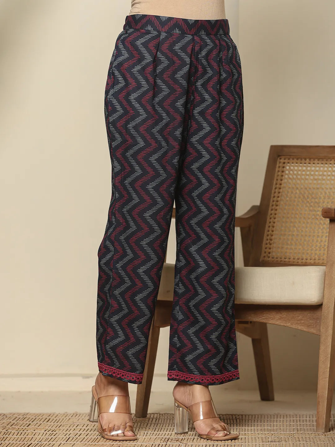 Yufta Navy Blue Cotton Kurta Dupatta Set With Lace Detailing