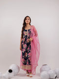 Yufta Navy Blue Floral Print Cotton Fit And Flare Kurta Trouser & Dupatta Set