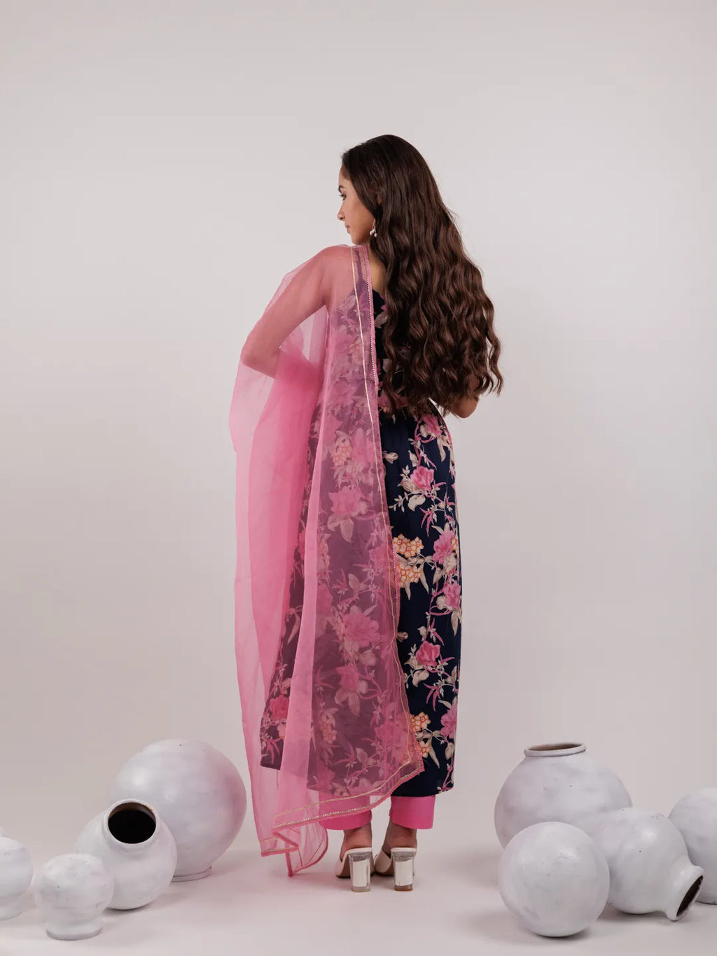 Yufta Navy Blue Floral Print Cotton Fit And Flare Kurta Trouser & Dupatta Set
