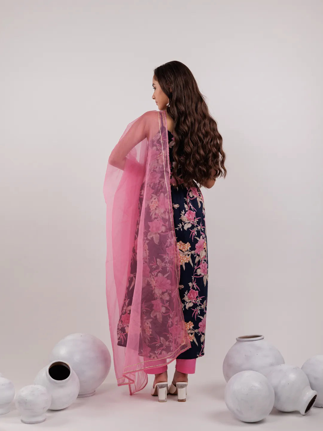 Yufta Navy Blue Floral Print Cotton Fit And Flare Kurta Trouser & Dupatta Set