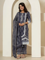 Yufta Navy Blue Patch Work Pure Cotton Straight Kurta And Dupatta Set