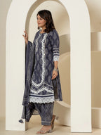 Yufta Navy Blue Patch Work Pure Cotton Straight Kurta And Dupatta Set