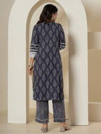 Yufta Navy Blue Patch Work Pure Cotton Straight Kurta And Dupatta Set