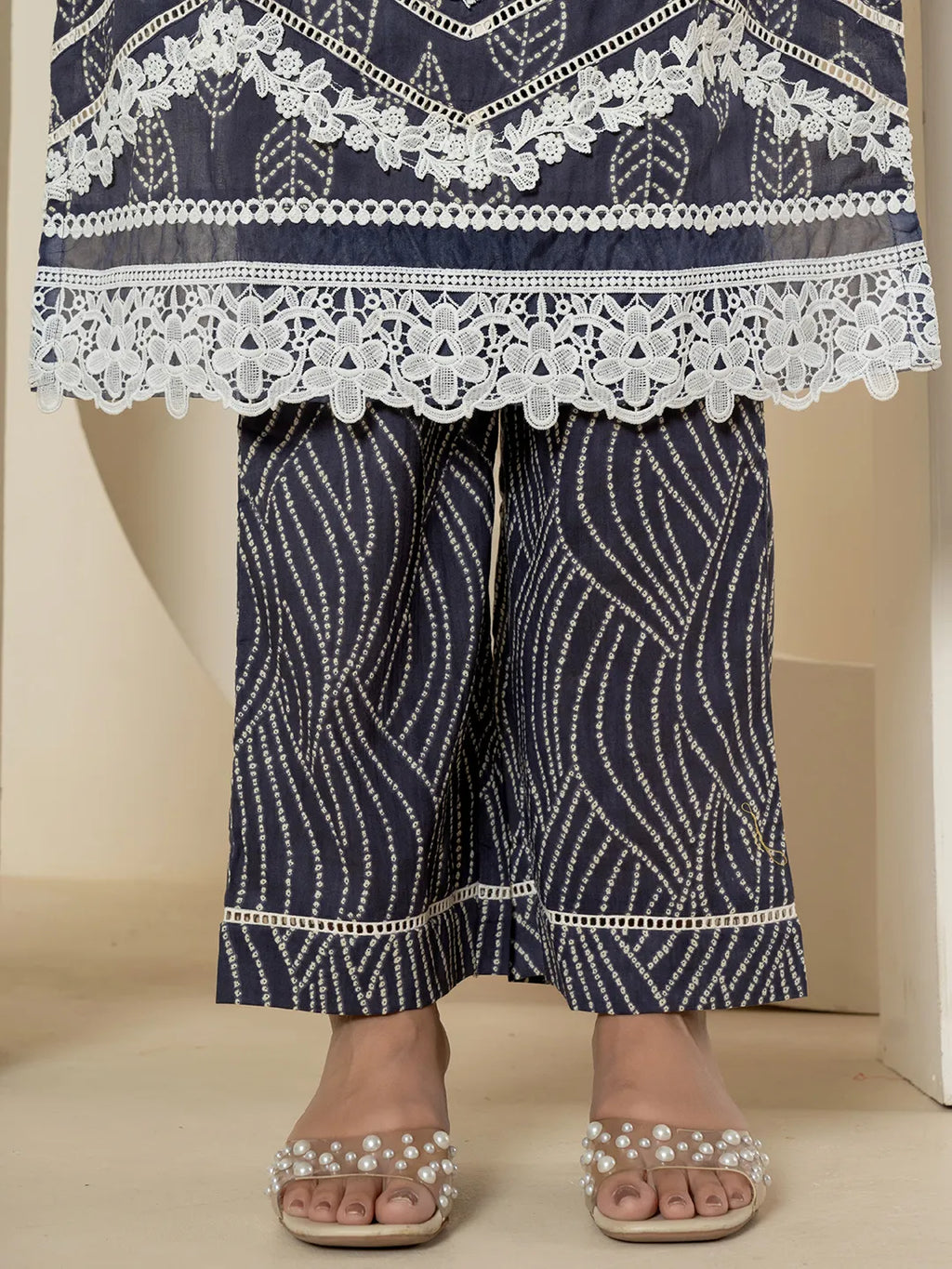 Yufta Navy Blue Patch Work Pure Cotton Straight Kurta And Dupatta Set