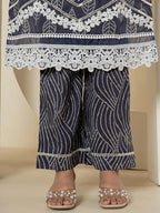 Yufta Navy Blue Patch Work Pure Cotton Straight Kurta And Dupatta Set