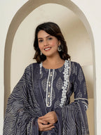 Yufta Navy Blue Patch Work Pure Cotton Straight Kurta And Dupatta Set
