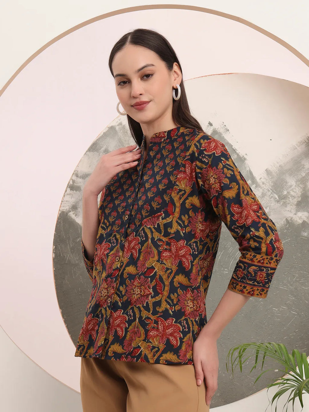 Yufta Navy Blue Pure Cotton Shirt Style Top