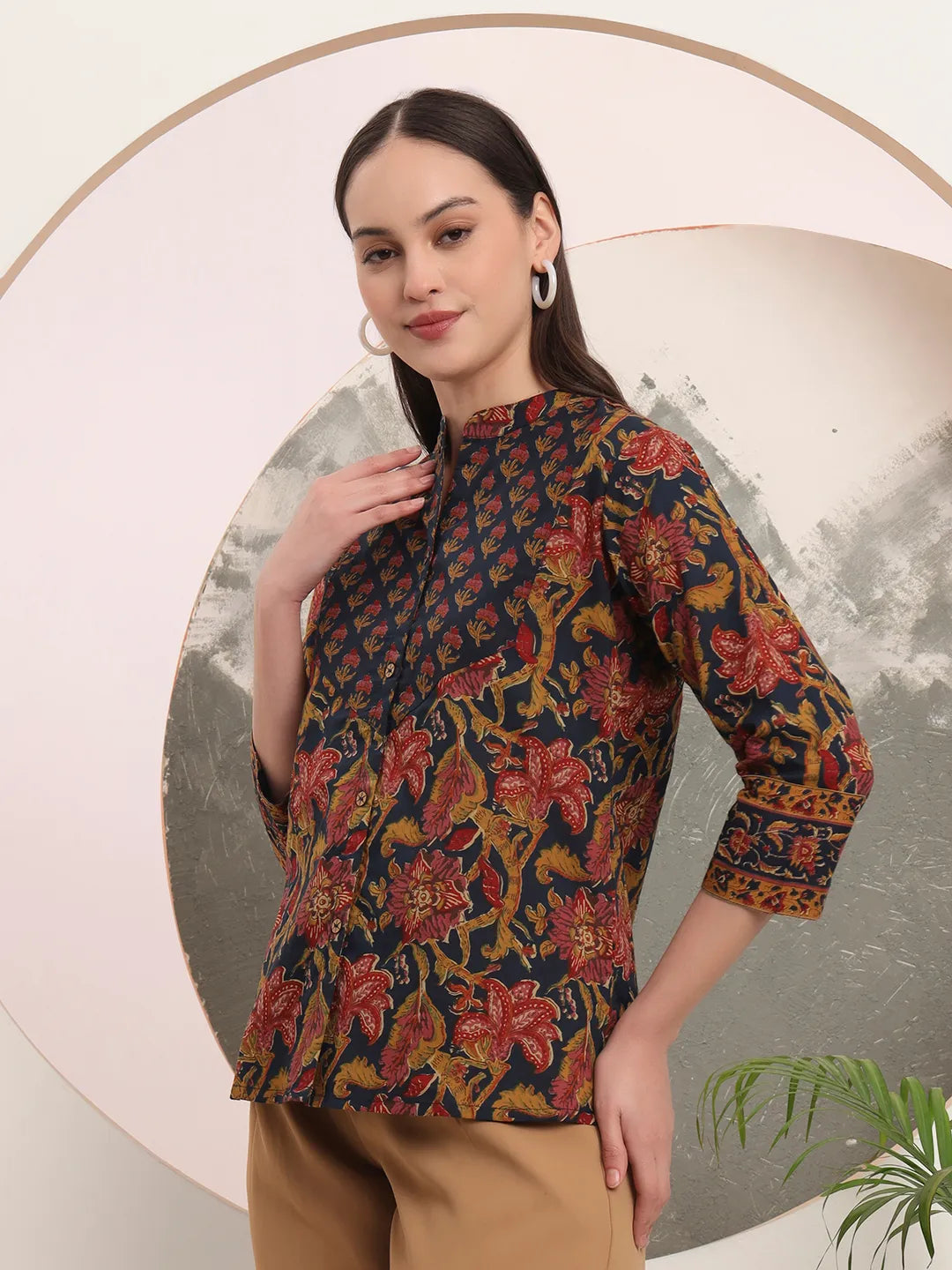 Yufta Navy Blue Pure Cotton Shirt Style Top