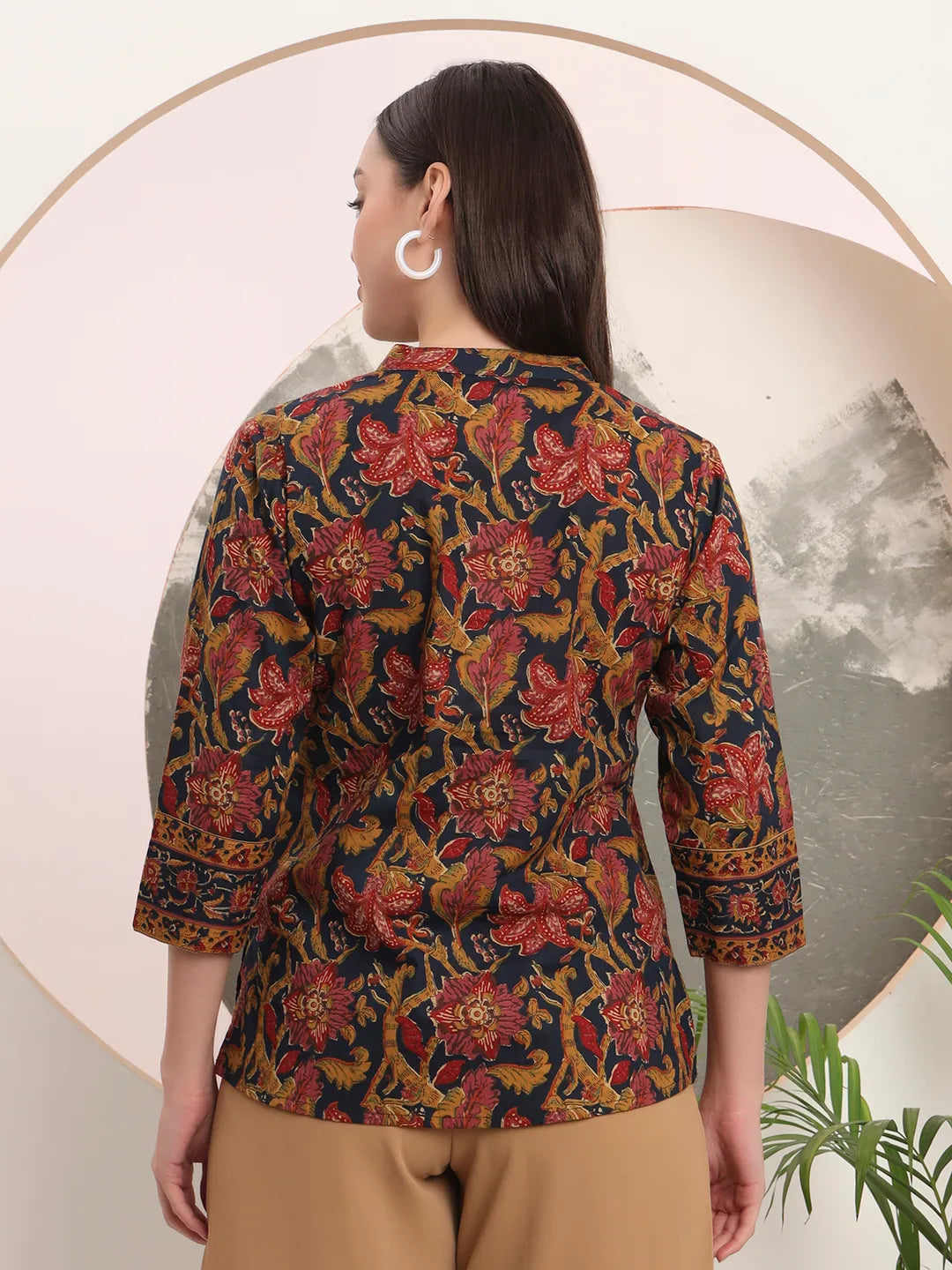 Yufta Navy Blue Pure Cotton Shirt Style Top