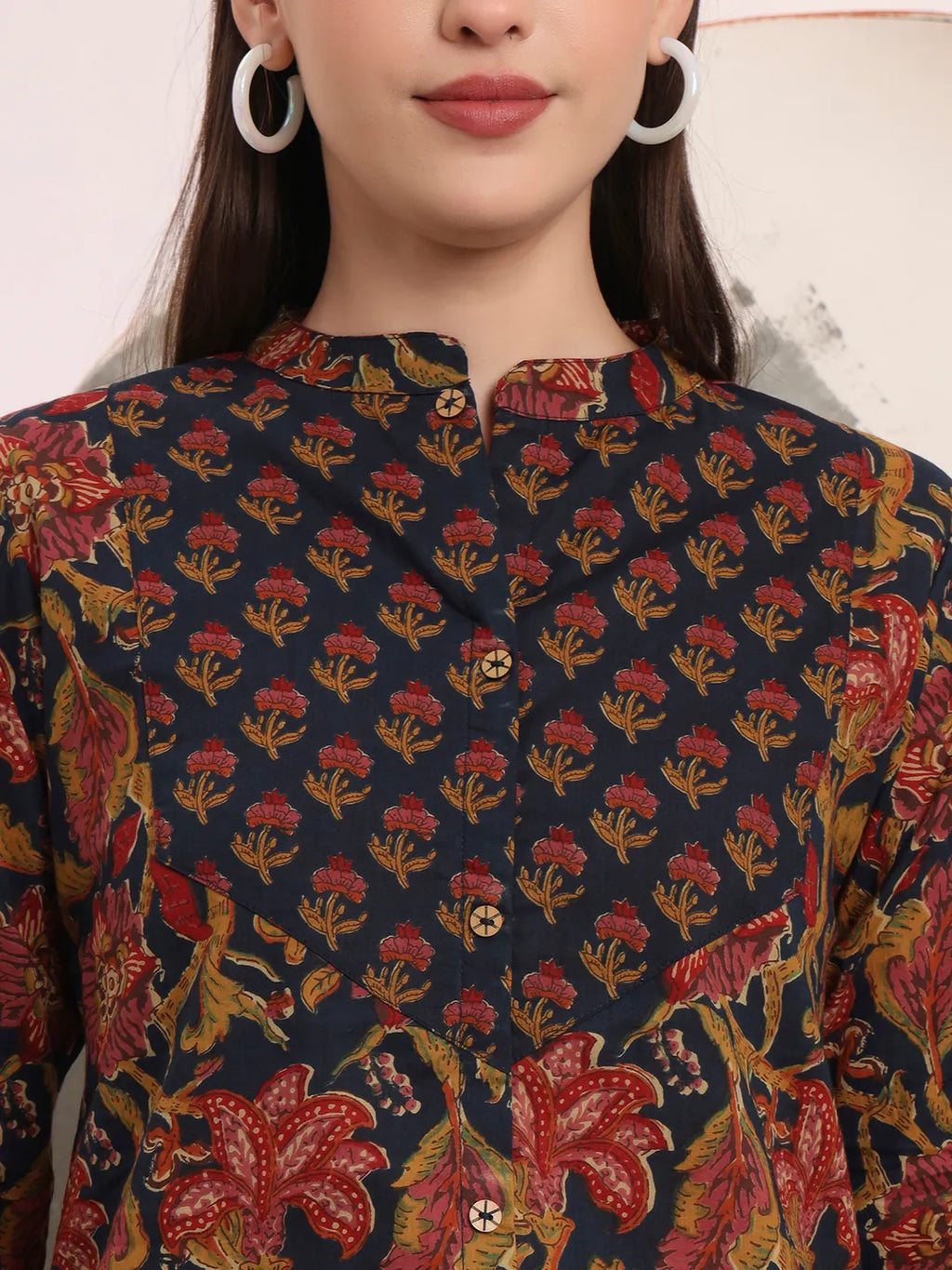 Yufta Navy Blue Pure Cotton Shirt Style Top