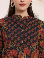 Yufta Navy Blue Pure Cotton Shirt Style Top