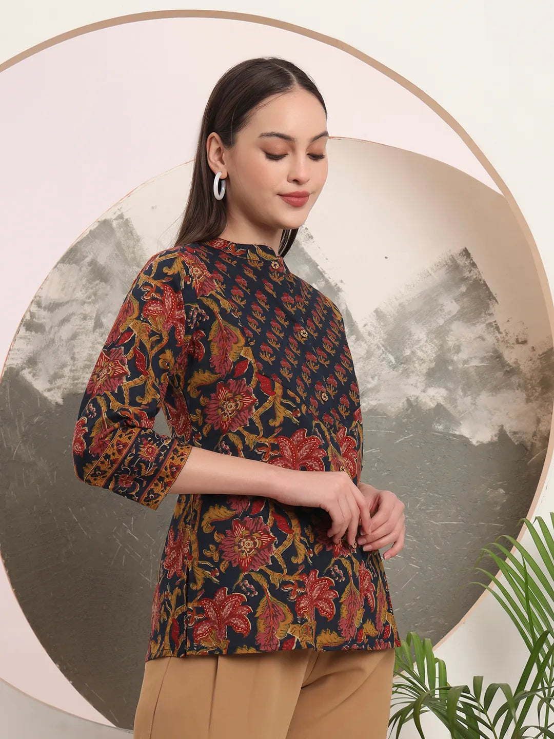 Yufta Navy Blue Pure Cotton Shirt Style Top