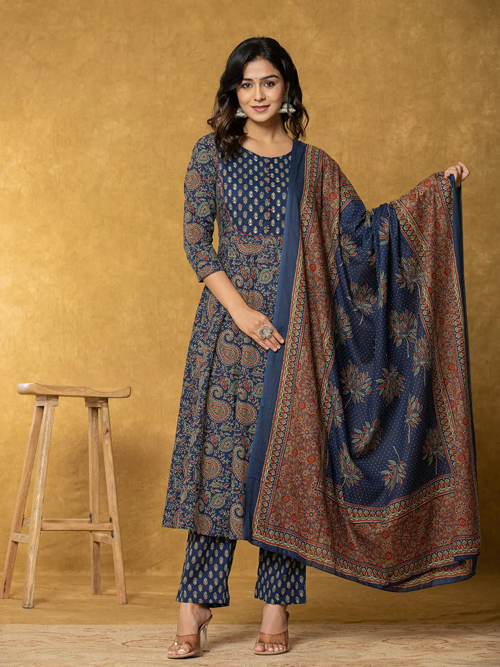 Yufta Navy Blue Sequins_Worky Cotton Anarkali Kurta Dupatta Set