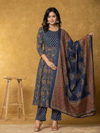 Yufta Navy Blue Sequins_Worky Cotton Anarkali Kurta Dupatta Set
