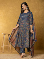 Yufta Navy Blue Sequins_Worky Cotton Anarkali Kurta Dupatta Set