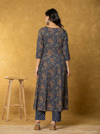 Yufta Navy Blue Sequins_Worky Cotton Anarkali Kurta Dupatta Set