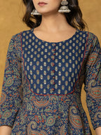 Yufta Navy Blue Sequins_Worky Cotton Anarkali Kurta Dupatta Set