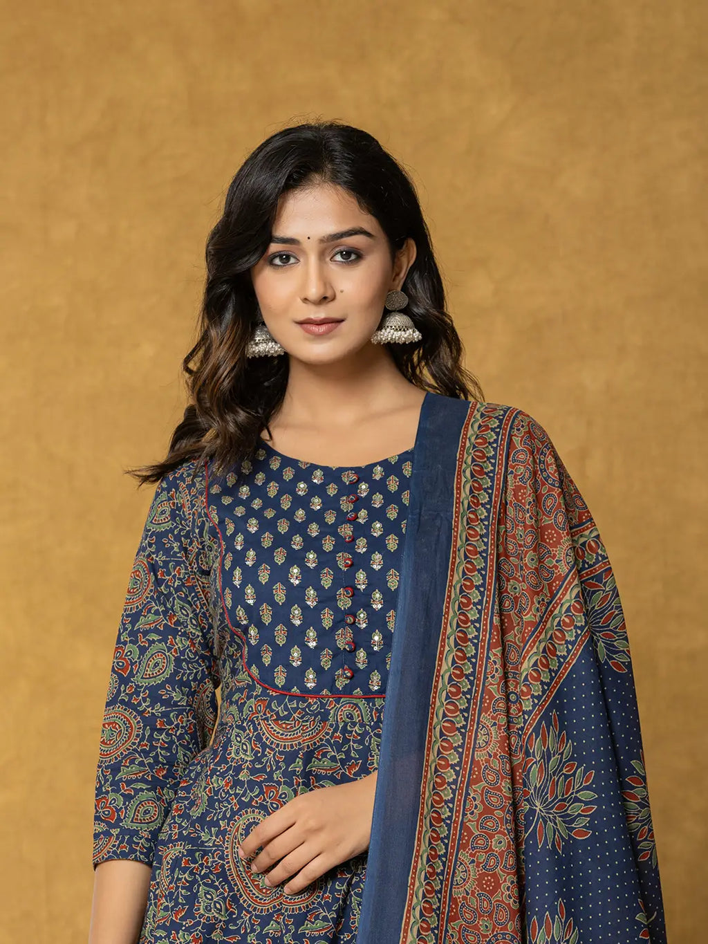 Yufta Navy Blue Sequins_Worky Cotton Anarkali Kurta Dupatta Set
