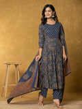 Yufta Navy Blue Sequins_Worky Cotton Anarkali Kurta Dupatta Set
