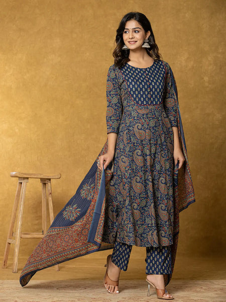 Yufta Navy Blue Sequins_Worky Cotton Anarkali Kurta Dupatta Set