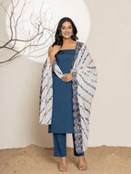 Yufta Navy Blue Solid Cotton Straight Kurta Dupatta Set