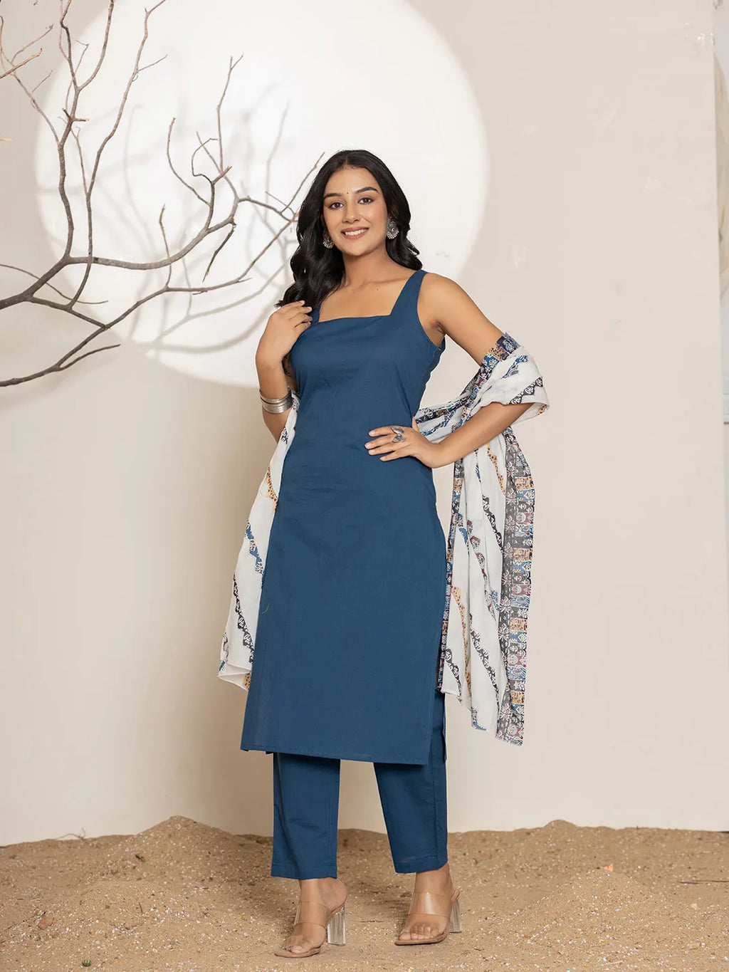 Yufta Navy Blue Solid Cotton Straight Kurta Dupatta Set