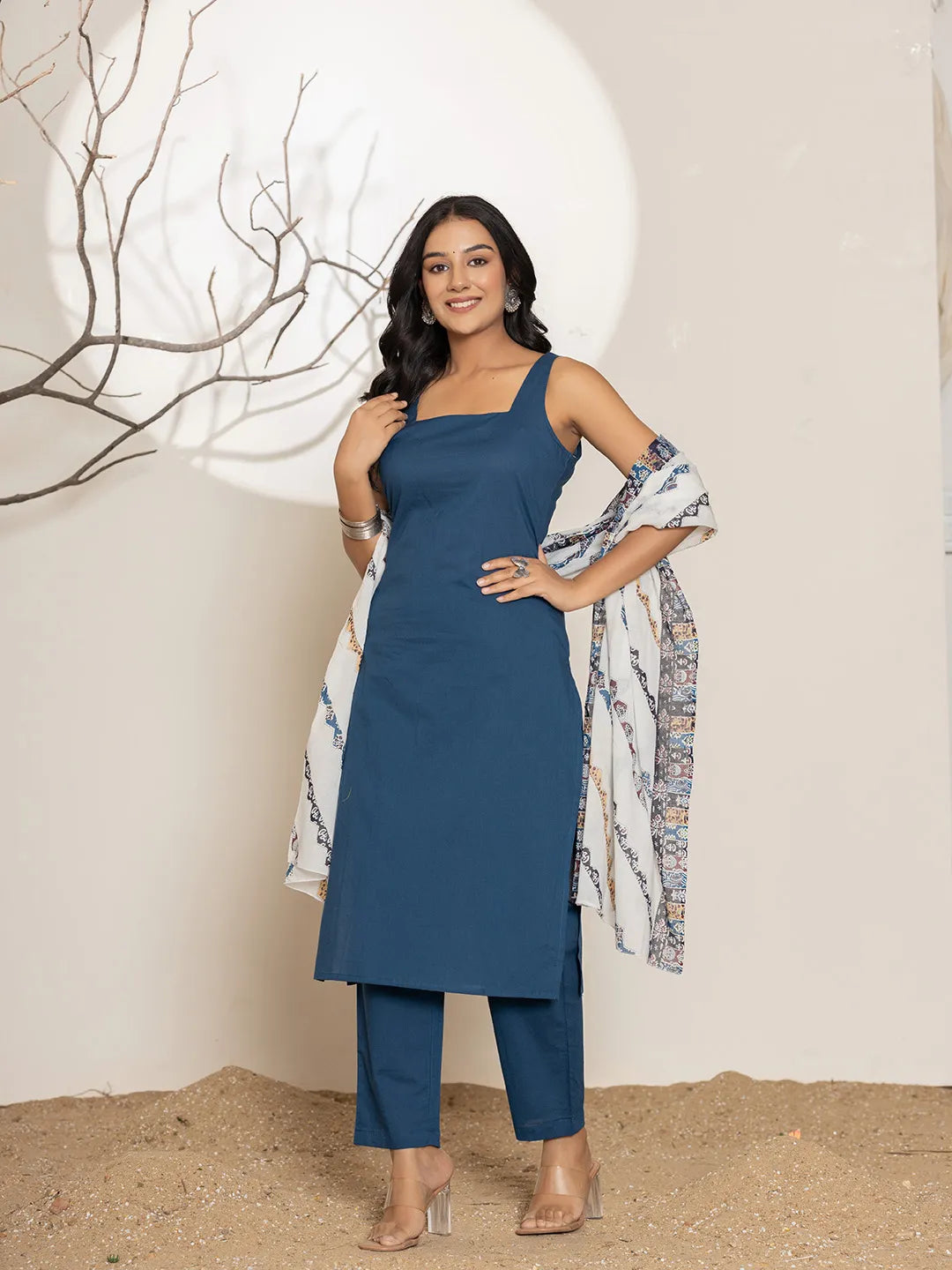 Yufta Navy Blue Solid Cotton Straight Kurta Dupatta Set