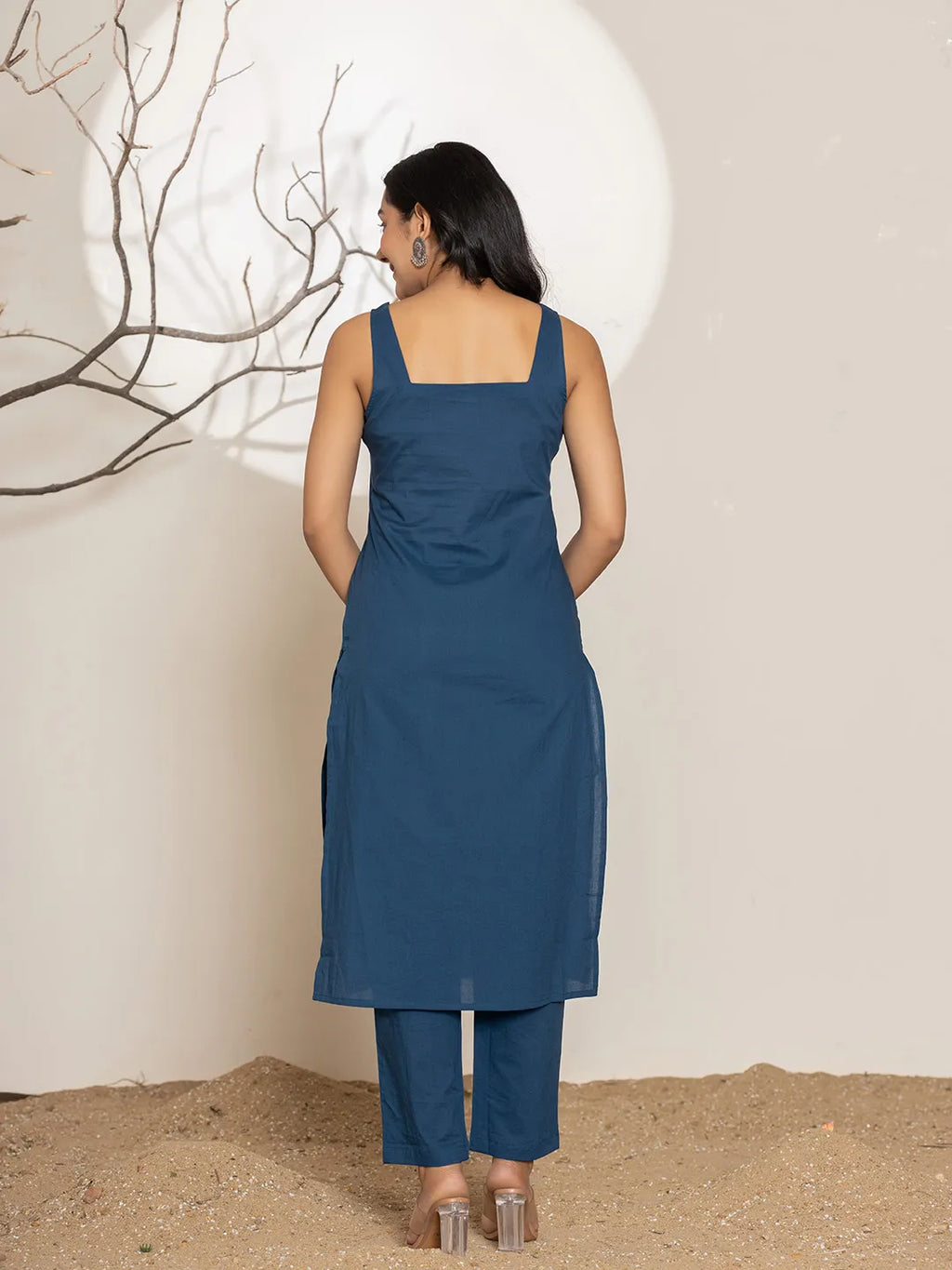 Yufta Navy Blue Solid Cotton Straight Kurta Dupatta Set