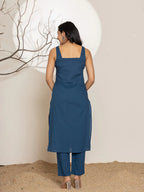 Yufta Navy Blue Solid Cotton Straight Kurta Dupatta Set