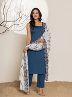 Yufta Navy Blue Solid Cotton Straight Kurta Dupatta Set