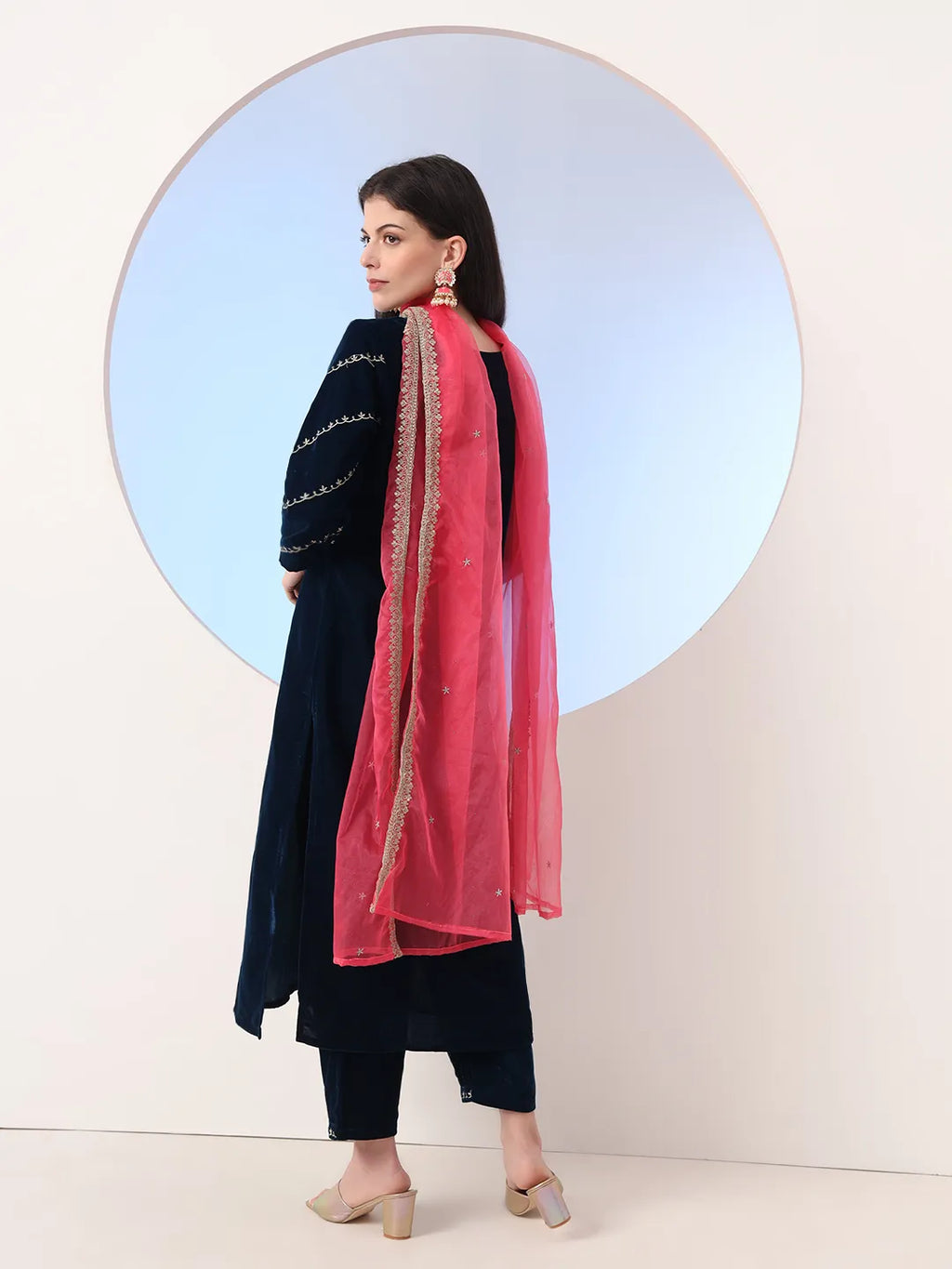 Yufta Navy Blue Velvet Zari Work Kurta Trouser Dupatta Set - Distacart
