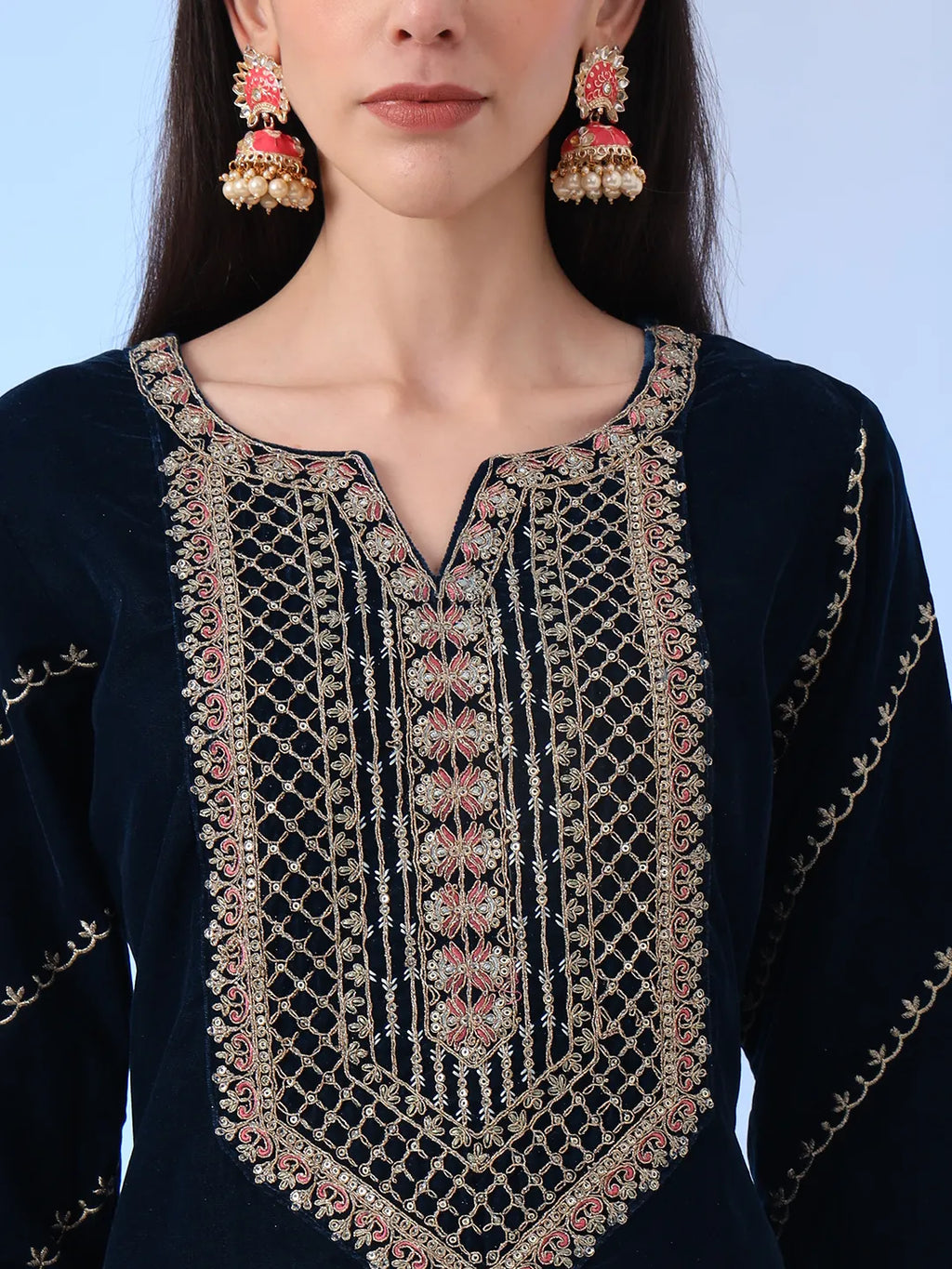 Yufta Navy Blue Velvet Zari Work Kurta Trouser Dupatta Set - Distacart
