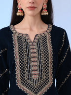 Yufta Navy Blue Velvet Zari Work Kurta Trouser Dupatta Set - Distacart